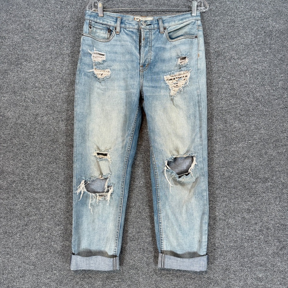 Free People Boyfriend Jeans Womens 28 Blue Distressed Lace Patch Denim Boho